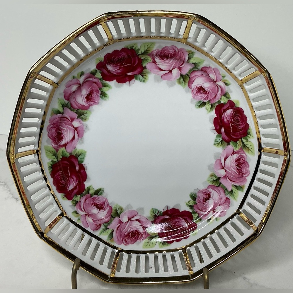 Vintage Schumann Plate Arzberg Germany Reticulated Porcelain Pink Roses Gold Rim